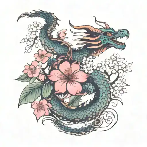 A traditional style tattoo of a dragon coiled around a cherry blossom tree, with elements of a business owner's daily life hidden within the branches tattoo design idea