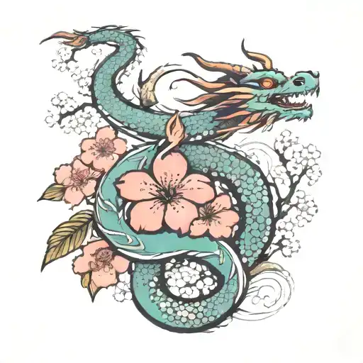 A traditional style tattoo of a dragon coiled around a cherry blossom tree, with elements of a business owner's daily life hidden within the branches tattoo design idea