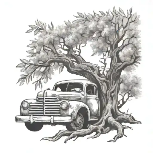 A cigar smoking old olive tree with intricate truck details intertwined in the branches tattoo design idea