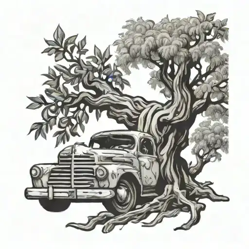 A cigar smoking old olive tree with intricate truck details intertwined in the branches tattoo design idea
