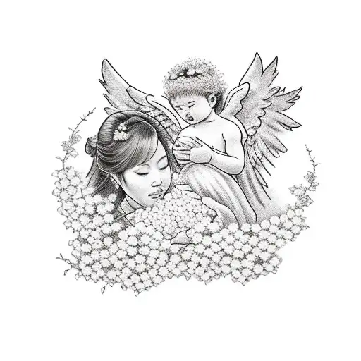 A motherly angel surrounded by Japanese cherry blossoms, cradling an angel baby tattoo design idea