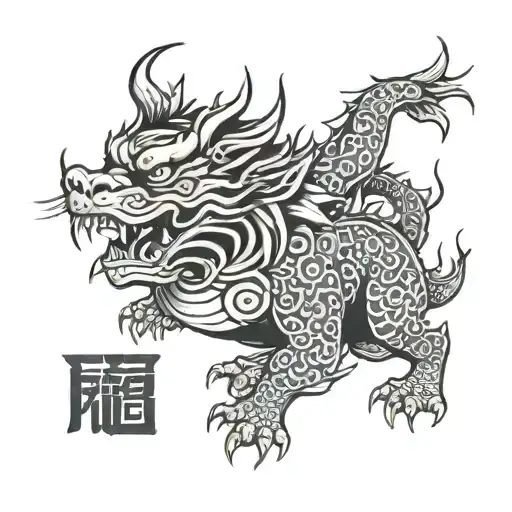 fu dog with dragon flying tattoo design idea
