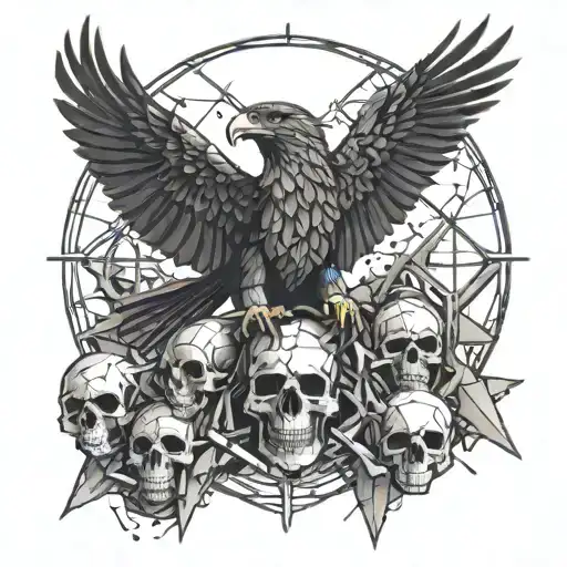 Black Eagle flying over piles of decaying human skulls tattoo design idea