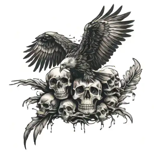 Black Eagle flying over piles of decaying human skulls tattoo design idea