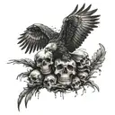 Black Eagle flying over piles of decaying human skulls tattoo design idea