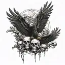 Black Eagle flying over piles of decaying human skulls tattoo design idea
