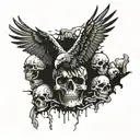 Black Eagle flying over piles of decaying human skulls tattoo design idea