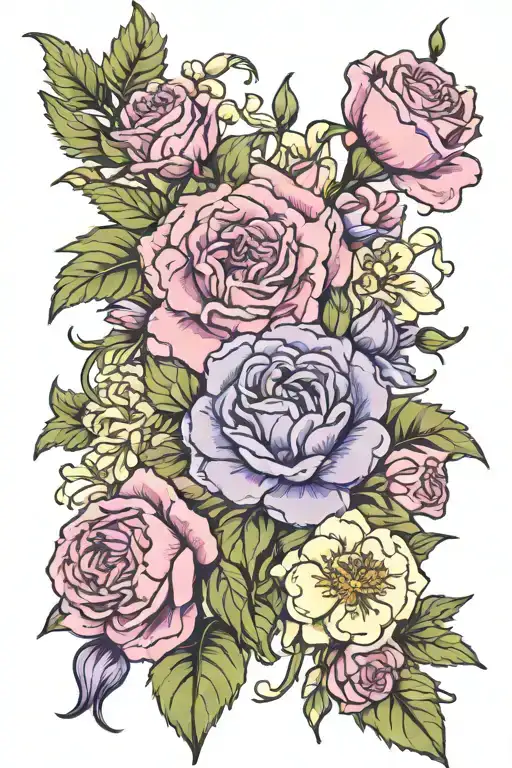 Carnation, Carnation, Violet, Chrysanthemum, Daisy, Gladiolus , daffodil, Rose, Cosmo, Rose, Cosmo tattoo design idea