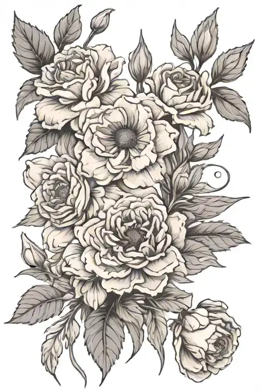Carnation, Carnation, Violet, Chrysanthemum, Daisy, Gladiolus , daffodil, Rose, Cosmo, Rose, Cosmo tattoo design idea
