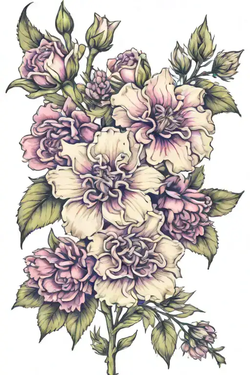 Carnation, Carnation, Violet, Chrysanthemum, Daisy, Gladiolus , daffodil, Rose, Cosmo, Rose, Cosmo tattoo design idea