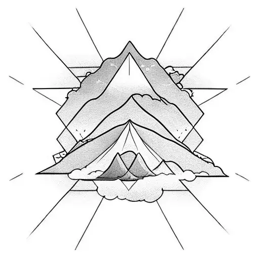geometric tatoo, 3 triangles superimposed, realistic japanese wave, montain with clouds at summit, biplan , plane flying tattoo design idea