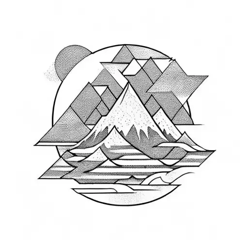 Geometric vertical Tatoo, 3 Triangles Superimposed, Realistic Japanese Wave, Montain With Clouds at summit, tattoo design idea