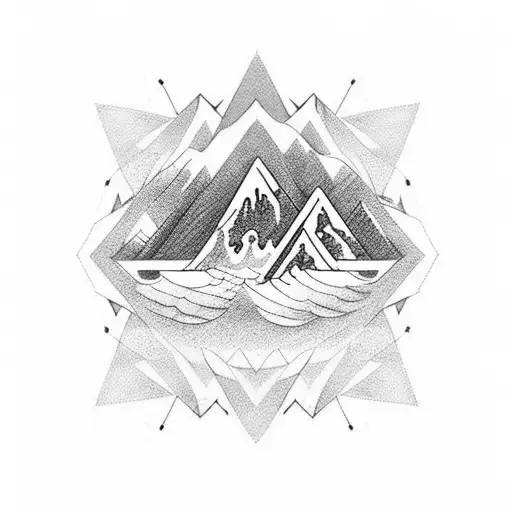 geometric tatoo, 3 triangles superimposed, realistic japanese wave, montain with clouds at summit, flying plane,  tattoo design idea