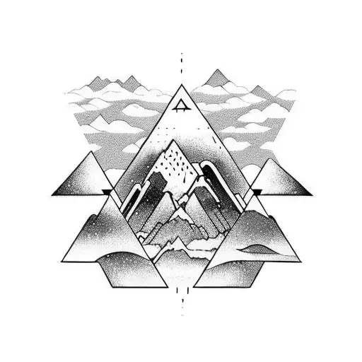 geometric tatoo, 3 triangles, realistic japanese wave, montain with clouds at summit, flying plane,  tattoo design idea