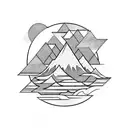 Geometric vertical Tatoo, 3 Triangles Superimposed, Realistic Japanese Wave, Montain With Clouds at summit, tattoo design idea