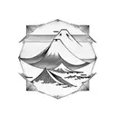 Geometric vertical Tatoo, 3 Triangles Superimposed, Realistic Japanese Wave, Montain With Clouds at summit, tattoo design idea
