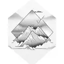 Geometric vertical Tatoo, 3 Triangles Superimposed, Realistic Japanese Wave, Montain With Clouds at summit, tattoo design idea