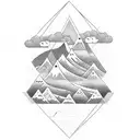 Geometric vertical Tatoo, 3 Triangles Superimposed, Realistic Japanese Wave, Montain With Clouds at summit, tattoo design idea