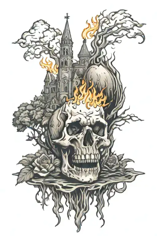 Burning gothic monastery growing trough the skull tattoo design idea
