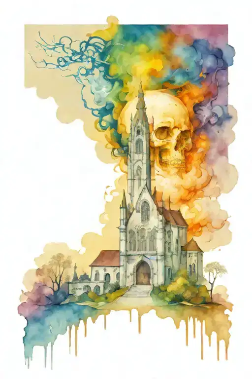 Blowing up gothic monastery growing from the skull tattoo design idea