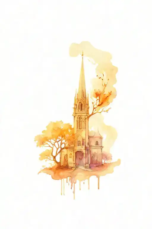 Burning gothic monastery growing from the skull tattoo design idea