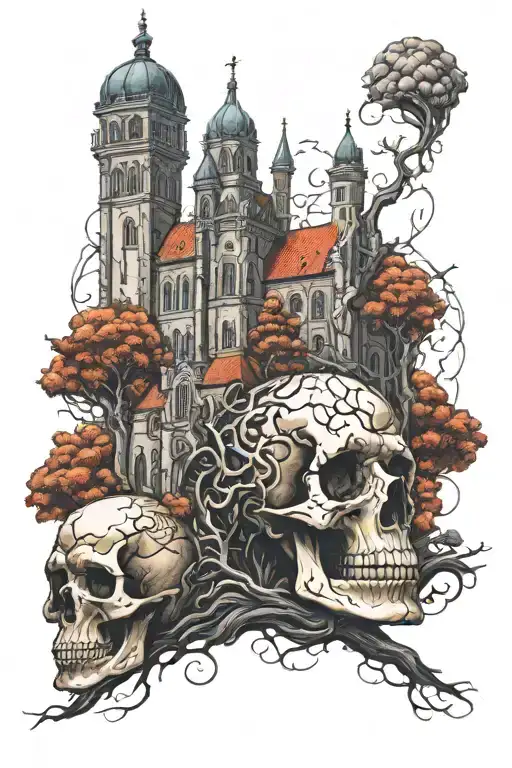 Blowing up gothic monastery growing from the skull tattoo design idea