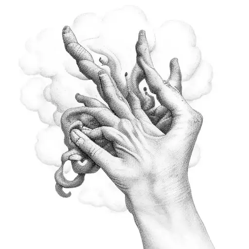 a hand reaching out from a cloud of swirling, multicolored smoke. The hand is intricately detailed, with every wrinkle a tattoo design idea