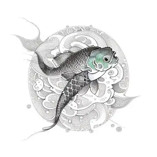 The focal point of the design is a vibrant and intricately detailed koi fish swimming gracefully across the front. The k tattoo design idea