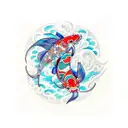 The focal point of the design is a vibrant and intricately detailed koi fish swimming gracefully across the front. The k tattoo design idea