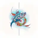 The focal point of the design is a vibrant and intricately detailed koi fish swimming gracefully across the front. The k tattoo design idea