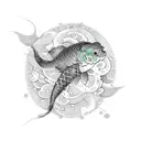 The focal point of the design is a vibrant and intricately detailed koi fish swimming gracefully across the front. The k tattoo design idea