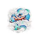 The focal point of the design is a vibrant and intricately detailed koi fish swimming gracefully across the front. The k tattoo design idea