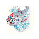 The focal point of the design is a vibrant and intricately detailed koi fish swimming gracefully across the front. The k tattoo design idea