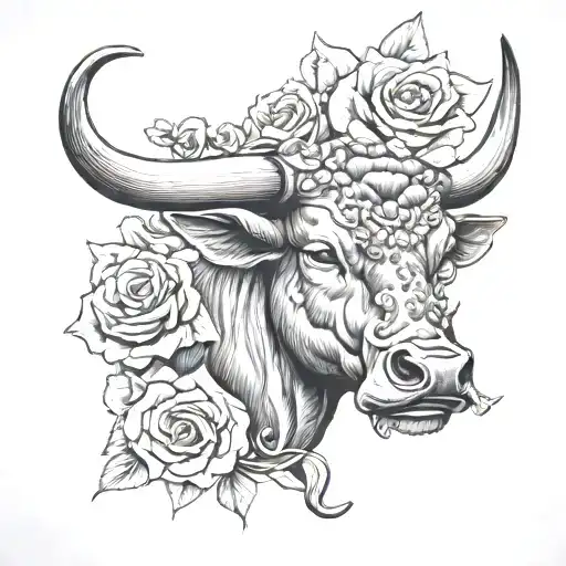 Taurus bull with nose ring, daffodils and white roses, a smoking shotgun and empty shotgun cartridges tattoo design idea