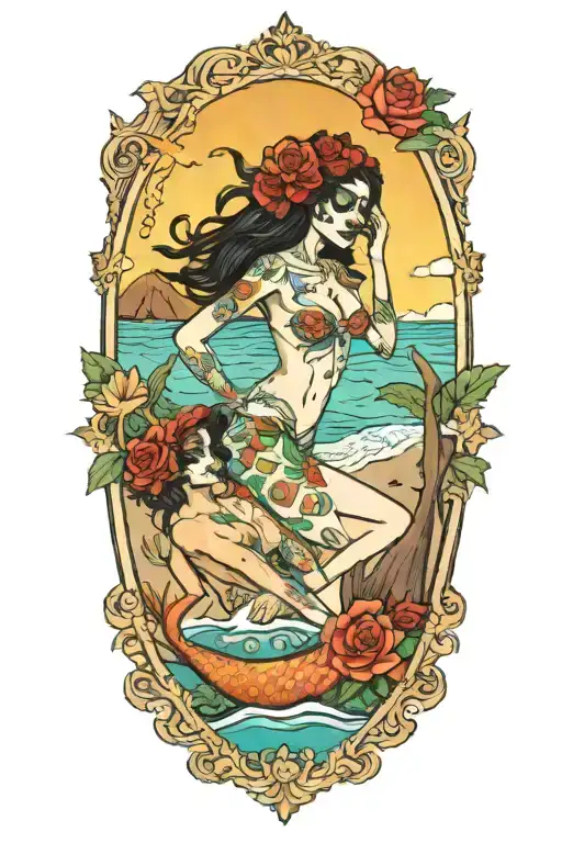 day of the dead tarot card featuring beach scene and mermaids   tattoo design idea