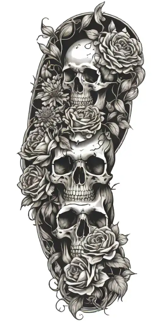 poppy rose, carnation, lily of the valley, daisy flower, morning glory flower, cosmos, chyrsanthemum, with skull  tattoo design idea