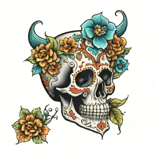 A intricate Day of the Dead skull surrounded by vibrant ocean flowers tattoo design idea