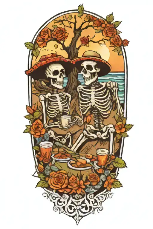 A beach scene with Day of the Dead skeletons enjoying a picnic among blooming flowers tattoo design idea