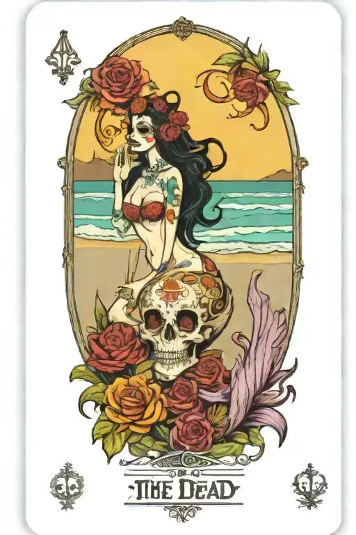 day of the dead tarot card featuring beach scene and mermaid tattoo design idea