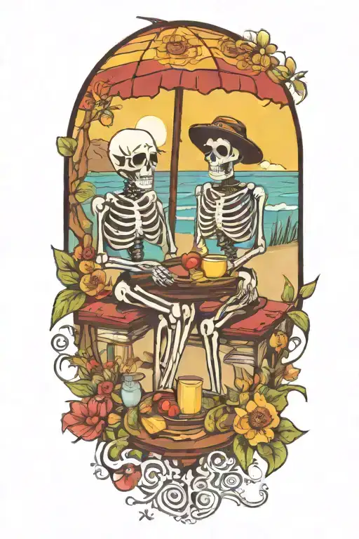 A beach scene with Day of the Dead skeletons enjoying a picnic among blooming flowers tattoo design idea