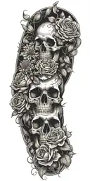 poppy rose, carnation, lily of the valley, daisy flower, morning glory flower, cosmos, chyrsanthemum, with skull  tattoo design idea