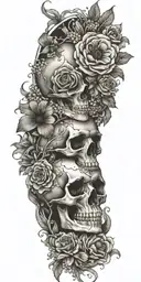 poppy rose, carnation, lily of the valley, daisy flower, morning glory flower, cosmos, chyrsanthemum, with skull  tattoo design idea