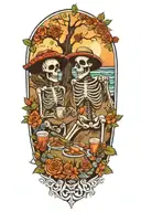 A beach scene with Day of the Dead skeletons enjoying a picnic among blooming flowers tattoo design idea