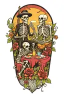 A beach scene with Day of the Dead skeletons enjoying a picnic among blooming flowers tattoo design idea