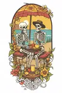 A beach scene with Day of the Dead skeletons enjoying a picnic among blooming flowers tattoo design idea