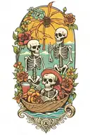 A beach scene with Day of the Dead skeletons enjoying a picnic among blooming flowers tattoo design idea