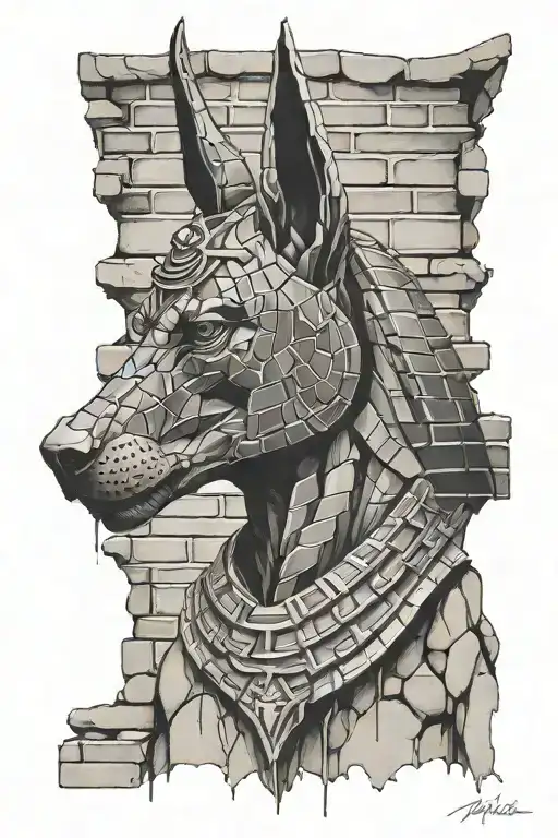 anubis breaking through a brick wall tattoo design idea