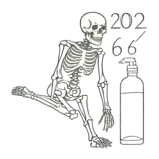 Skeleton holding a bottle pouring it on the ground and the date beneath it February 16, 2022 in Roman Numerals tattoo design idea