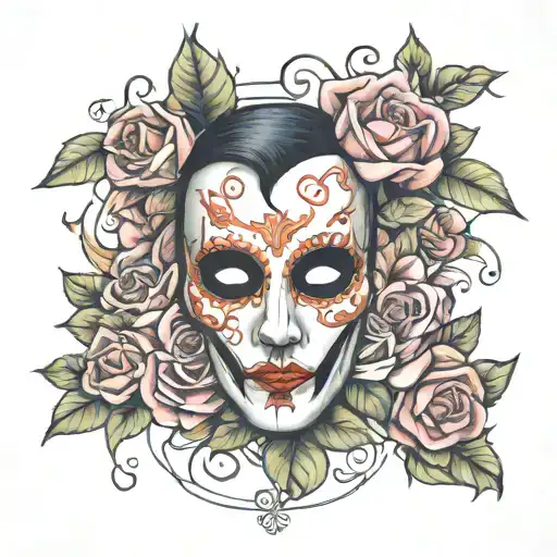 phantom of the opera mask surrounded by flowers  tattoo design idea