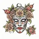 phantom of the opera mask surrounded by flowers  tattoo design idea